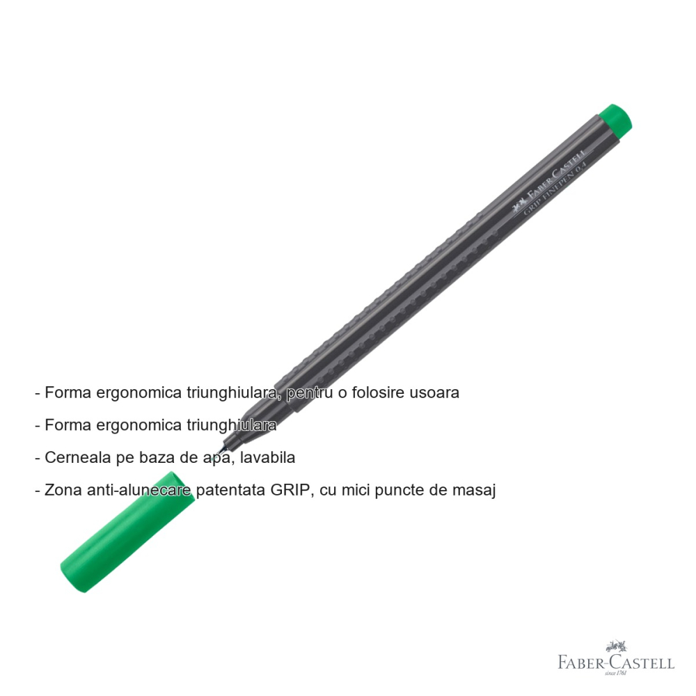 Liner 0.4mm verde Faber-Castell Grip, forma ergonomica triunghiulara, cerneala lavabila [2]