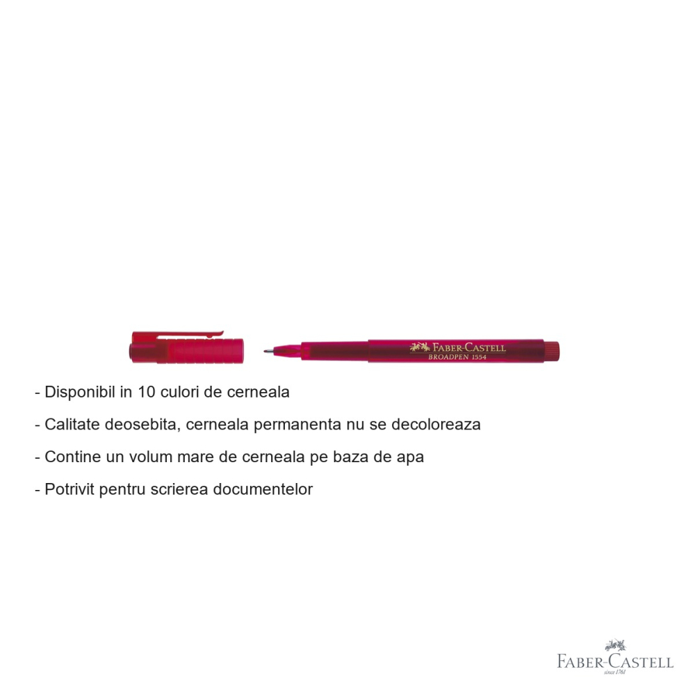 Liner 0.8 mm rosu Faber-Castell Broadpen 1554, varf metalic, cerneala permanenta pentru documente [2]