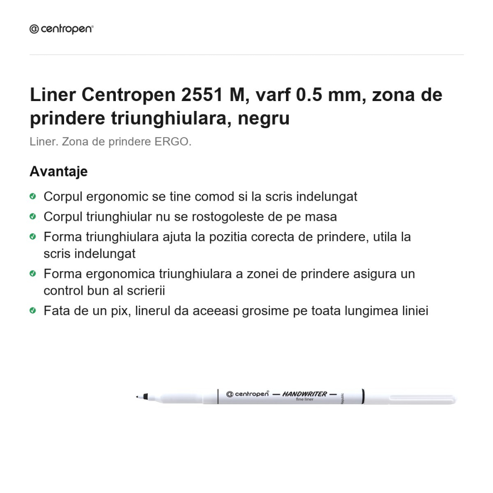 Liner Centropen 2551 M, varf 0.5 mm, zona de prindere triunghiulara, negru [2]