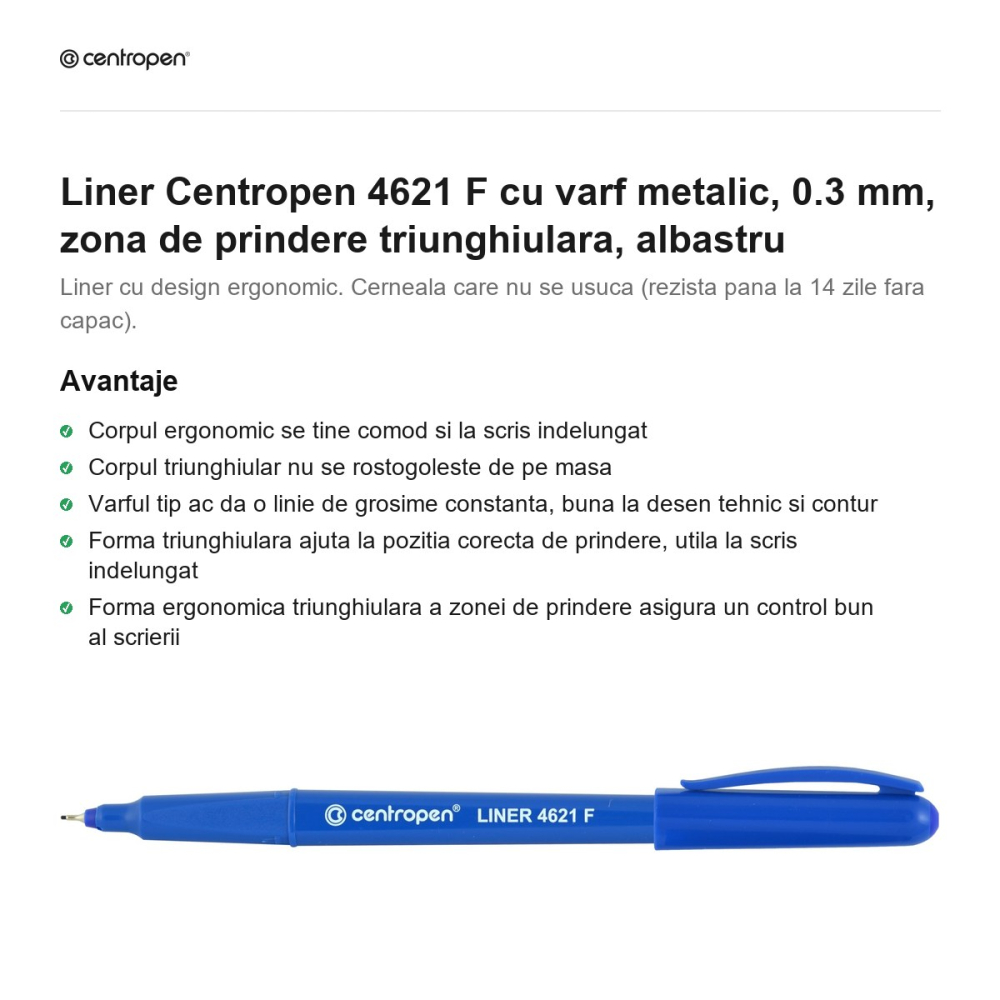 Liner Centropen 4621 F cu varf metalic, 0.3 mm, zona de prindere triunghiulara, albastru [2]