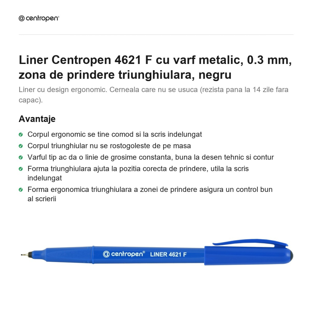 Liner Centropen 4621 F cu varf metalic, 0.3 mm, zona de prindere triunghiulara, negru [2]