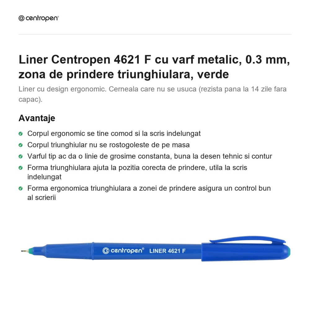 Liner Centropen 4621 F cu varf metalic, 0.3 mm, zona de prindere triunghiulara, verde [2]