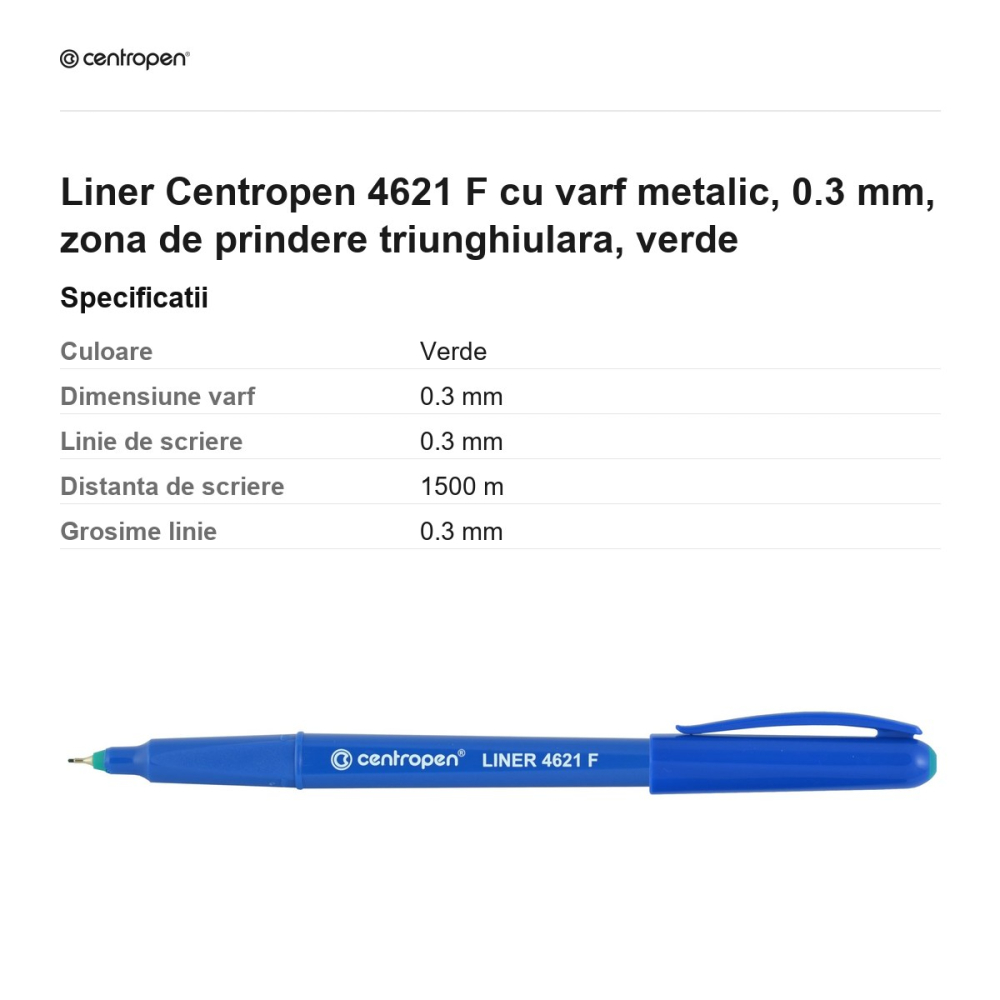 Liner Centropen 4621 F cu varf metalic, 0.3 mm, zona de prindere triunghiulara, verde [3]