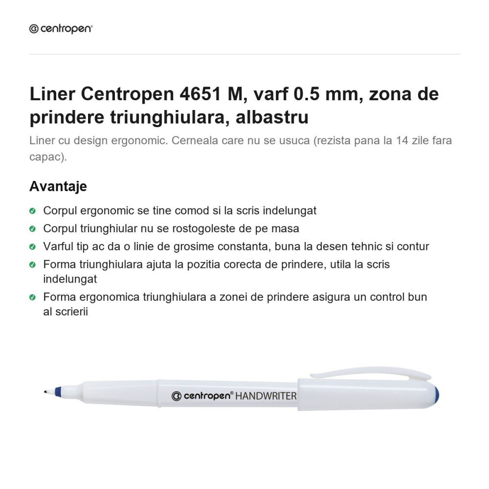 Liner Centropen 4651 M, varf 0.5 mm, zona de prindere triunghiulara, albastru [2]