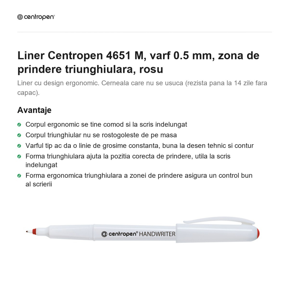 Liner Centropen 4651 M, varf 0.5 mm, zona de prindere triunghiulara, rosu [2]