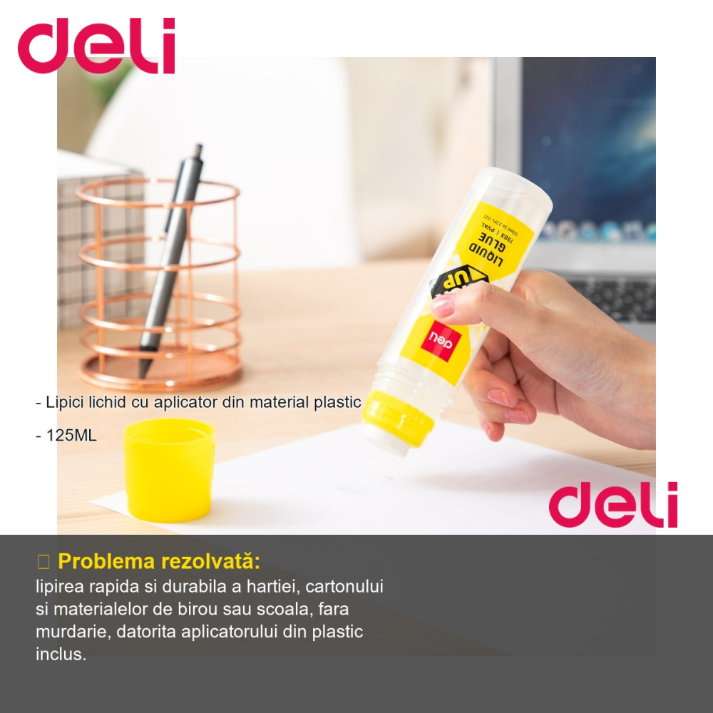 Lipici lichid Deli 125ml, cu aplicator plastic, pentru birou si scoala [2]