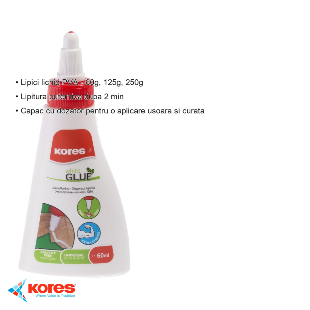 Lipici lichid Kores Craft alb PVA 60g, capac cu dozator, pentru hartie carton textile si lemn [3]
