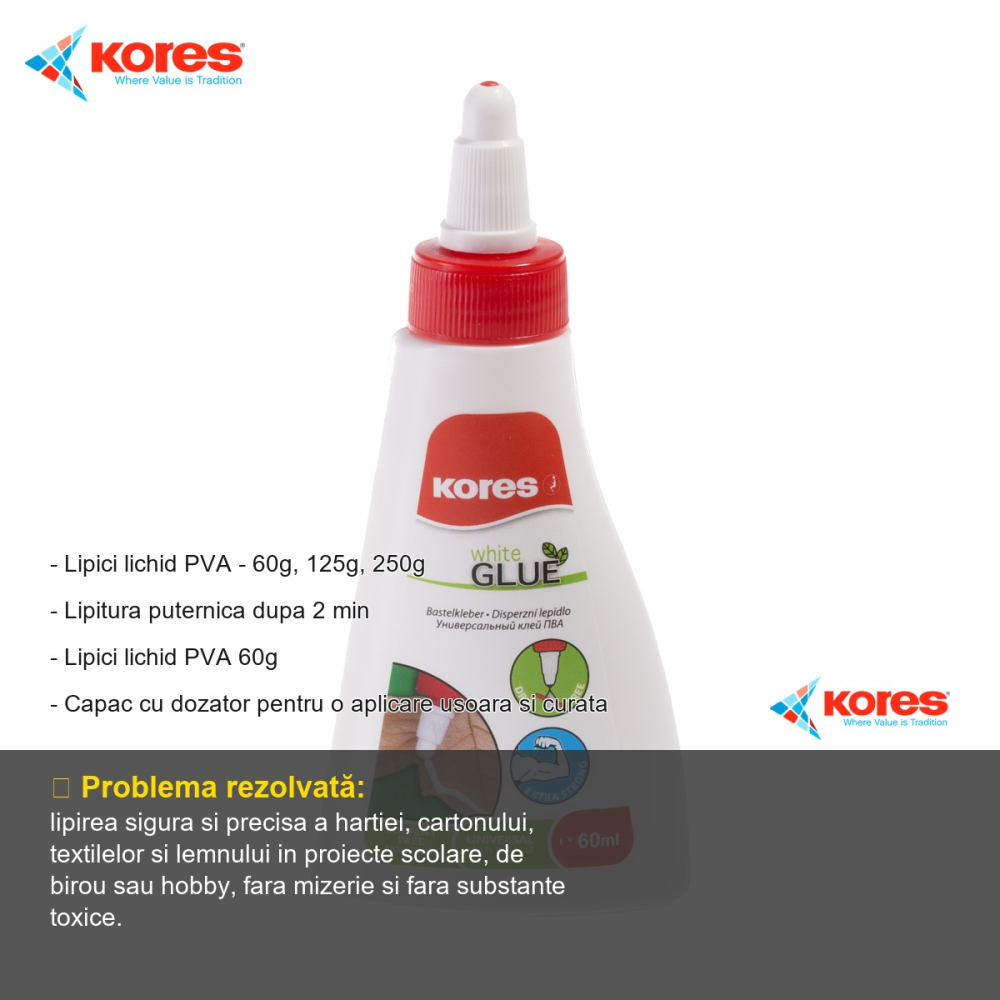 Lipici lichid Kores Craft alb PVA 60g, capac cu dozator, pentru hartie carton textile si lemn [2]
