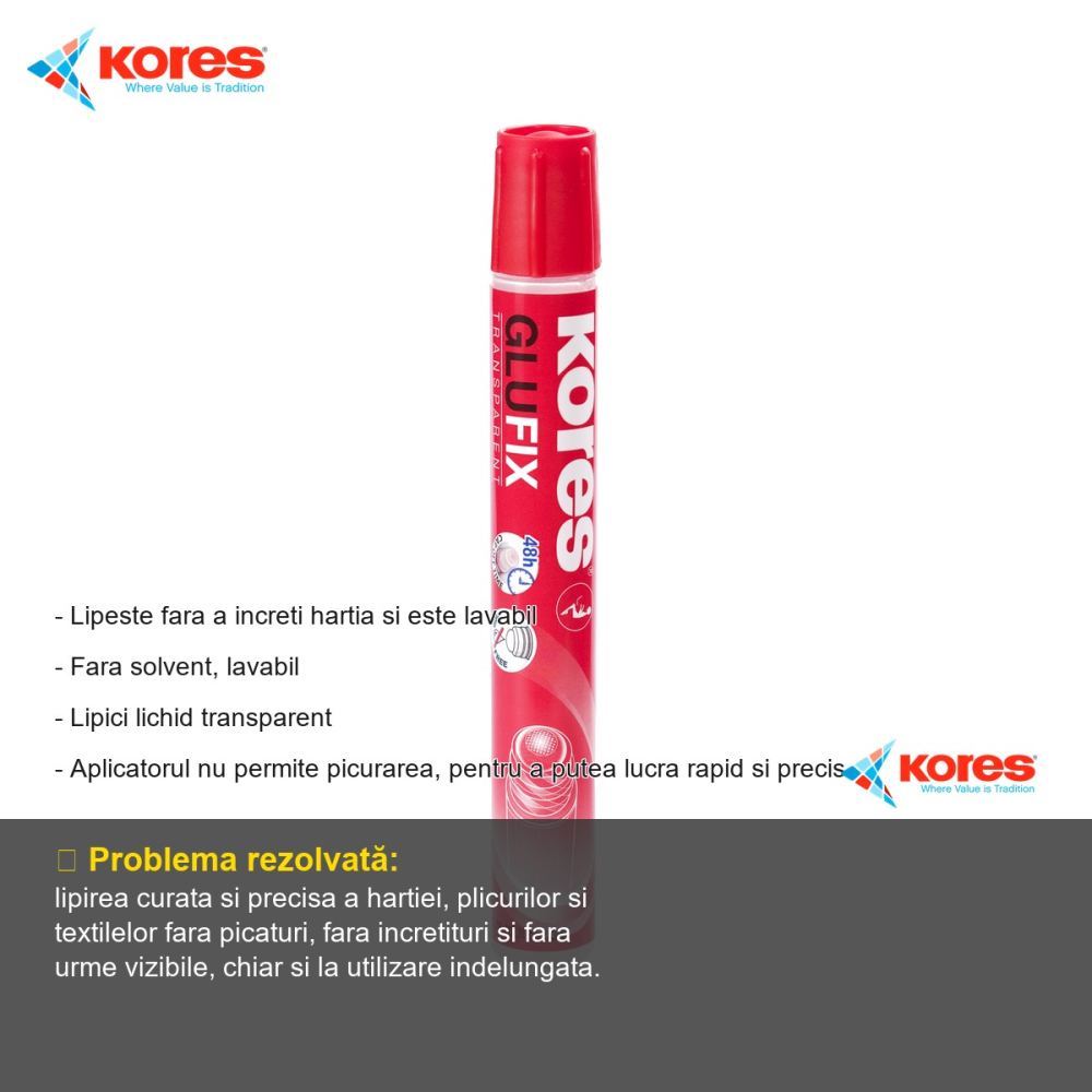 Lipici lichid transparent Kores 50ml, sistem cu supapa anti-picurare, fara solvent, lavabil [2]