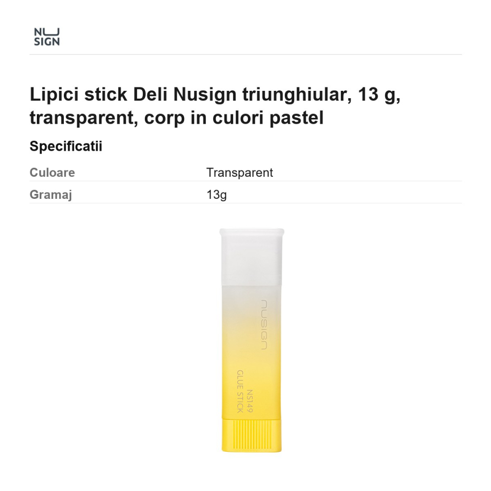 Lipici stick Deli Nusign triunghiular, 13 g, transparent, corp in culori pastel [3]