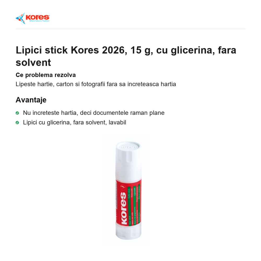 Lipici stick Kores 2026, 15 g, cu glicerina, fara solvent [2]