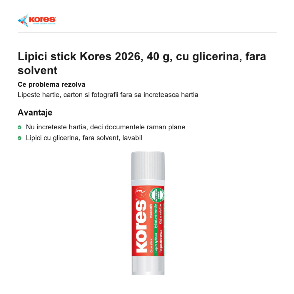Lipici stick Kores 2026, 40 g, cu glicerina, fara solvent [2]