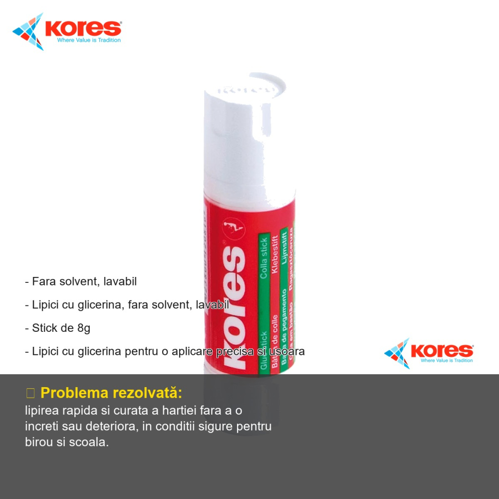 Lipici stick Kores 8g, cu glicerina, fara solvent, lavabil, pentru birou si scoala [2]