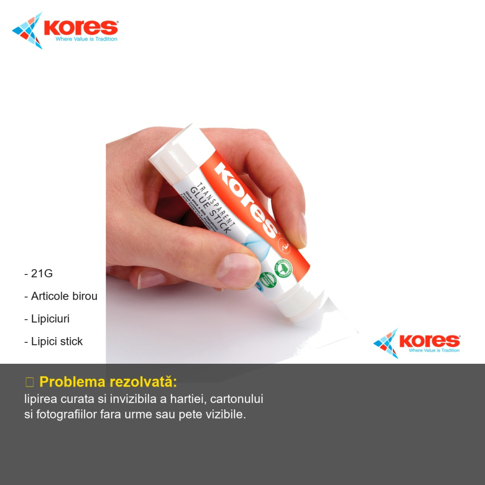 Lipici stick Kores transparent 21g, lipire invizibila, pentru hartie, carton si hartie foto [2]
