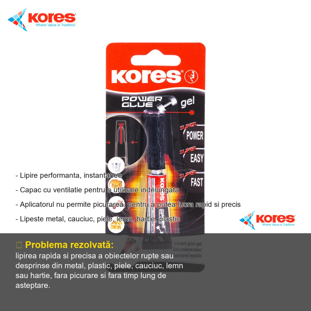 Lipici superglue Kores 3g, lipire instantanee, pentru metal, cauciuc, piele, lemn, hartie si plastic [2]