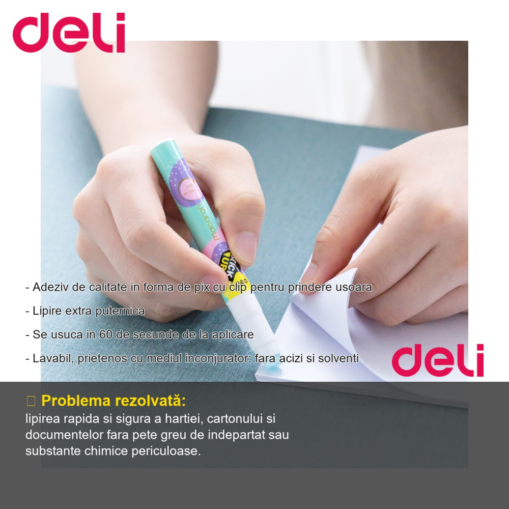 Lipici tip creion Deli, 2.6g, uscare rapida 60 secunde, lavabil, pentru birou si scoala [2]