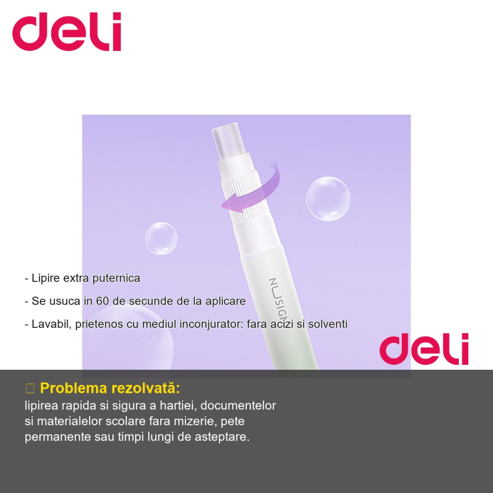 Lipici tip creion Deli Nusign 2.2g, uscare rapida 60 secunde, verde, cu clips de prindere [2]