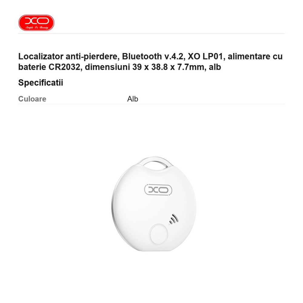Localizator anti-pierdere, Bluetooth v.4.2, XO LP01, alimentare cu baterie CR2032, dimensiuni 39 x 38.8 x 7.7mm, alb [3]