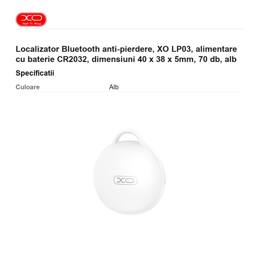 Localizator Bluetooth anti-pierdere, XO LP03, alimentare cu baterie CR2032, dimensiuni 40 x 38 x 5mm, 70 db, alb [3]