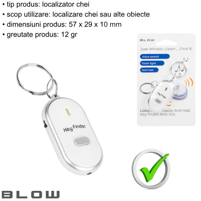 Localizator chei Blow 11947, tip breloc, cu inel de prindere, semnalizare audio si vizuala cu LED, alb cu argintiu [7]