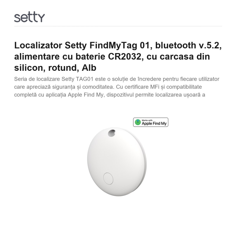 Localizator Setty FindMyTag 01, bluetooth v.5.2, alimentare cu baterie CR2032, cu carcasa din silicon, rotund, Alb [2]