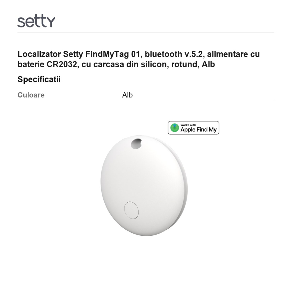 Localizator Setty FindMyTag 01, bluetooth v.5.2, alimentare cu baterie CR2032, cu carcasa din silicon, rotund, Alb [3]