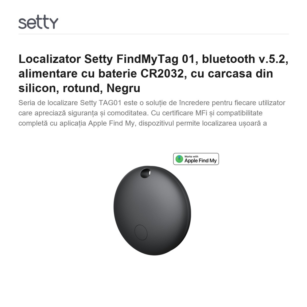 Localizator Setty FindMyTag 01, bluetooth v.5.2, alimentare cu baterie CR2032, cu carcasa din silicon, rotund, Negru [2]