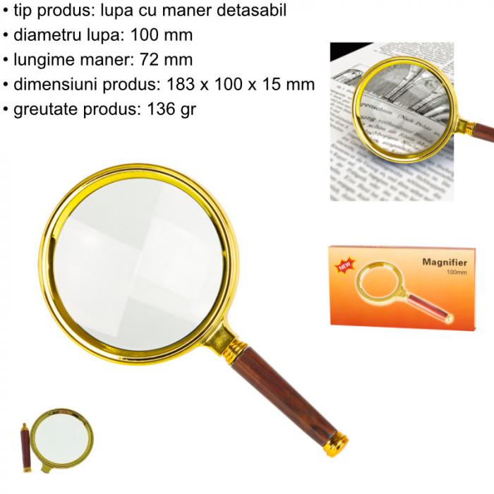 Lupa cu lentila de sticla, diametru 100mm, 12820, maner detasabil de 72mm, aurie [6]