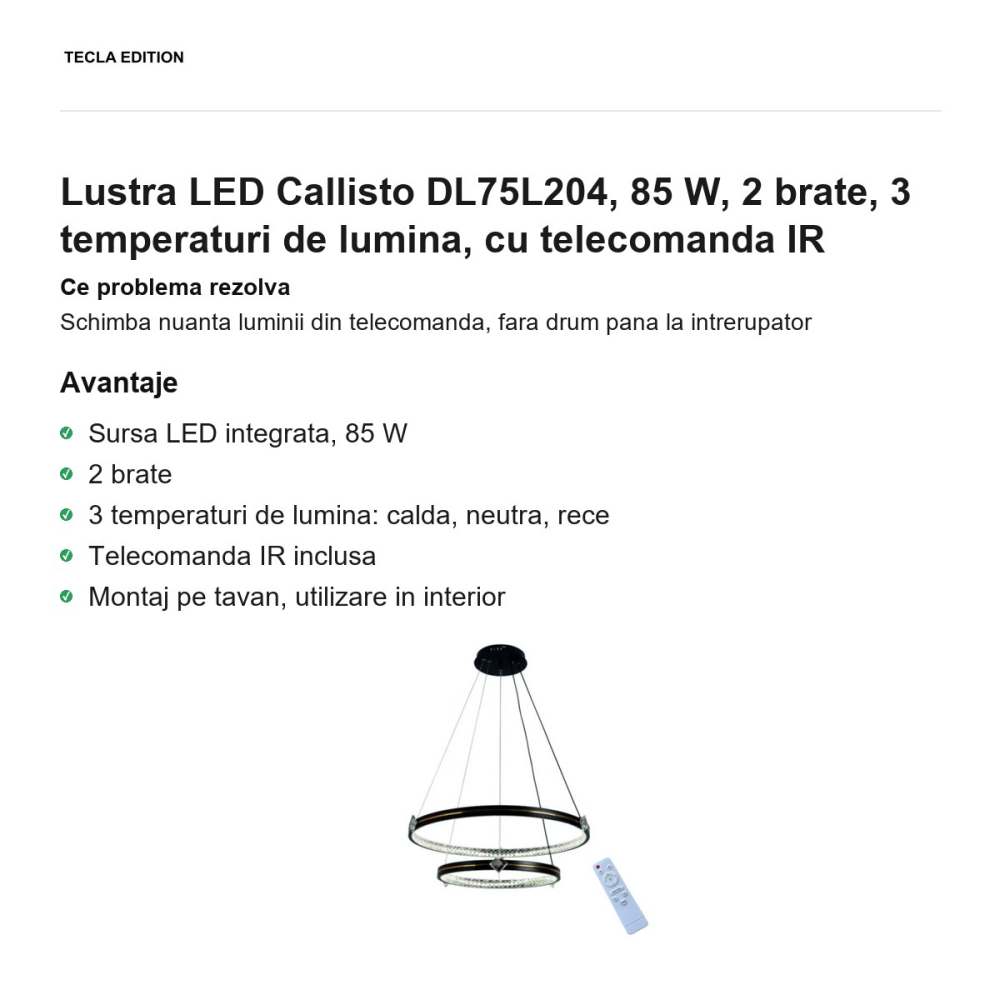 Lustra LED Callisto DL75L204, 85 W, 2 brate, 3 temperaturi de lumina, cu telecomanda IR [2]