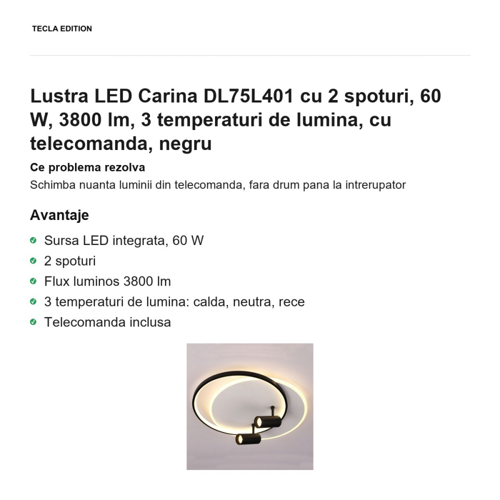 Lustra LED Carina DL75L401 cu 2 spoturi, 60 W, 3800 lm, 3 temperaturi de lumina, cu telecomanda, negru [2]