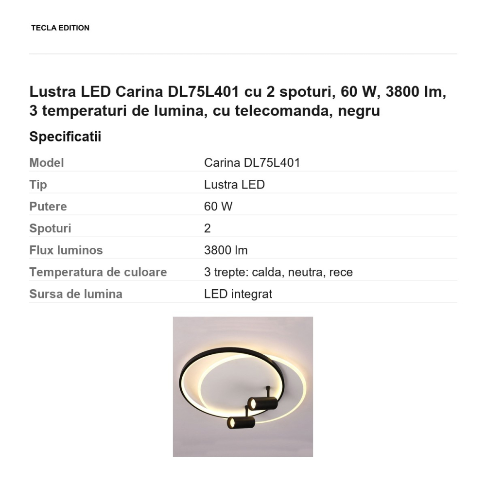 Lustra LED Carina DL75L401 cu 2 spoturi, 60 W, 3800 lm, 3 temperaturi de lumina, cu telecomanda, negru [3]