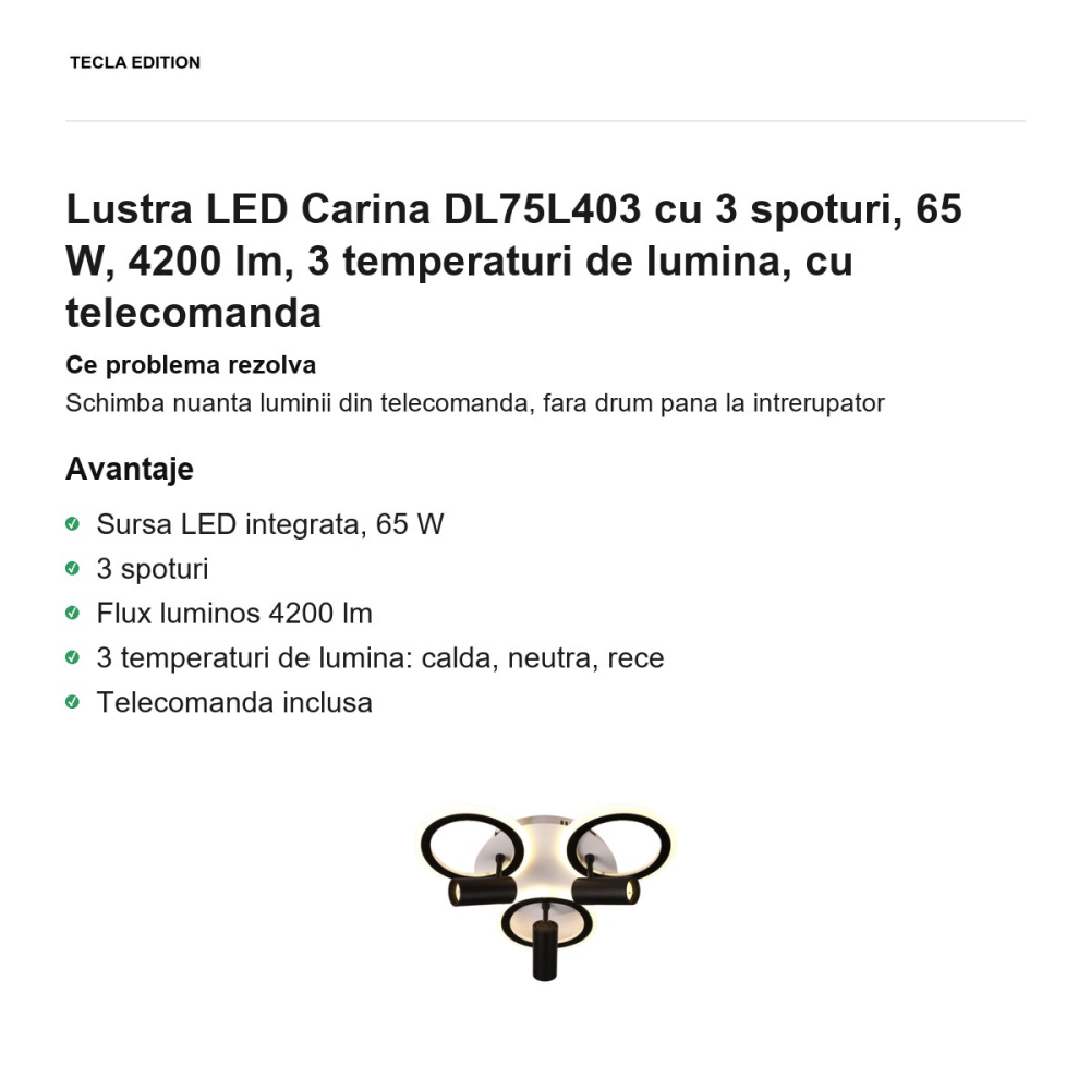 Lustra LED Carina DL75L403 cu 3 spoturi, 65 W, 4200 lm, 3 temperaturi de lumina, cu telecomanda [2]
