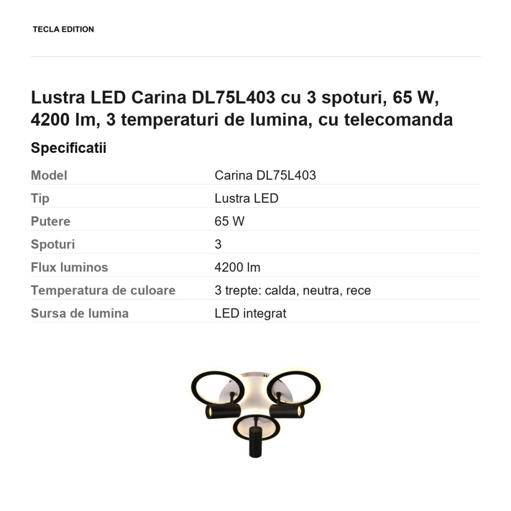 Lustra LED Carina DL75L403 cu 3 spoturi, 65 W, 4200 lm, 3 temperaturi de lumina, cu telecomanda [3]