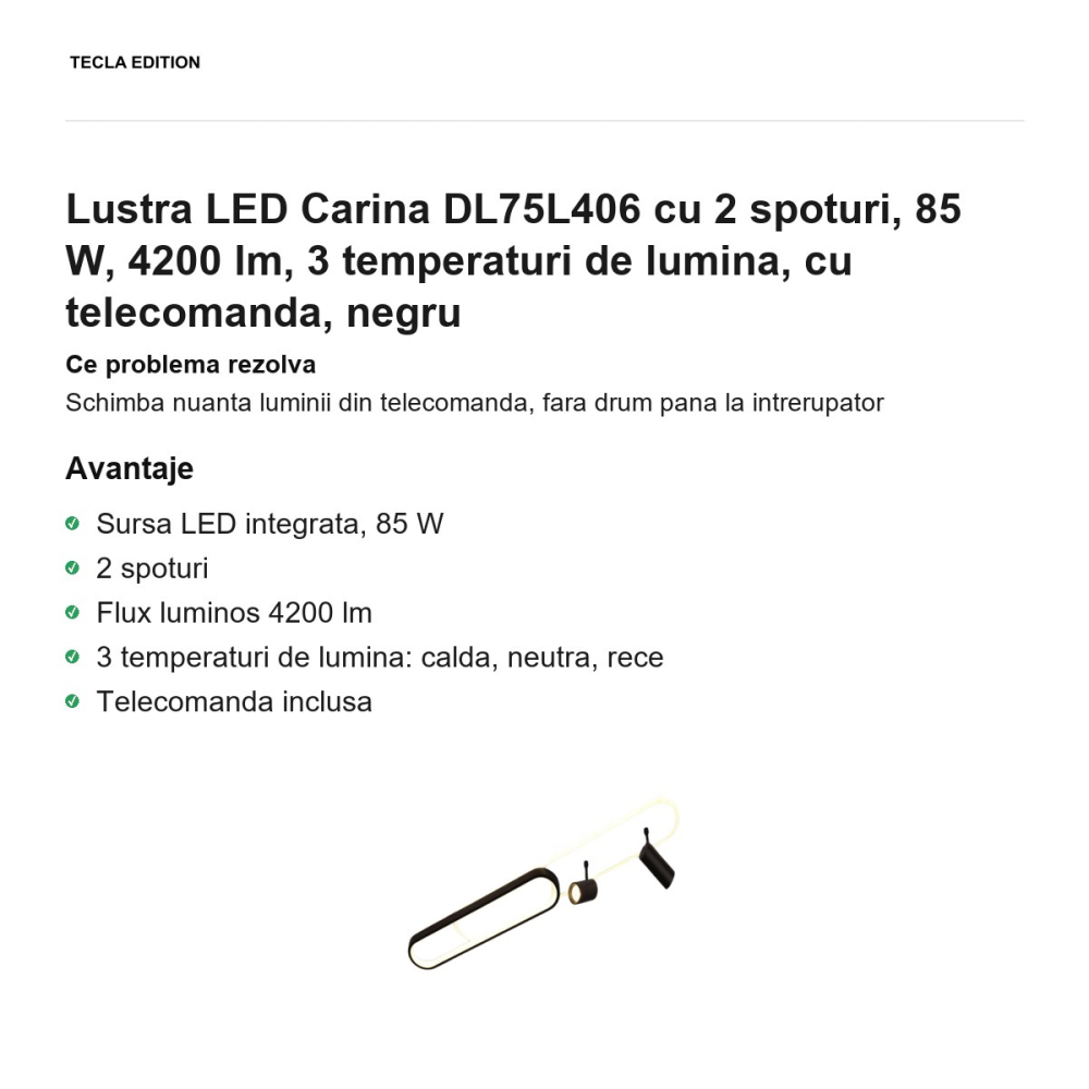 Lustra LED Carina DL75L406 cu 2 spoturi, 85 W, 4200 lm, 3 temperaturi de lumina, cu telecomanda, negru [2]