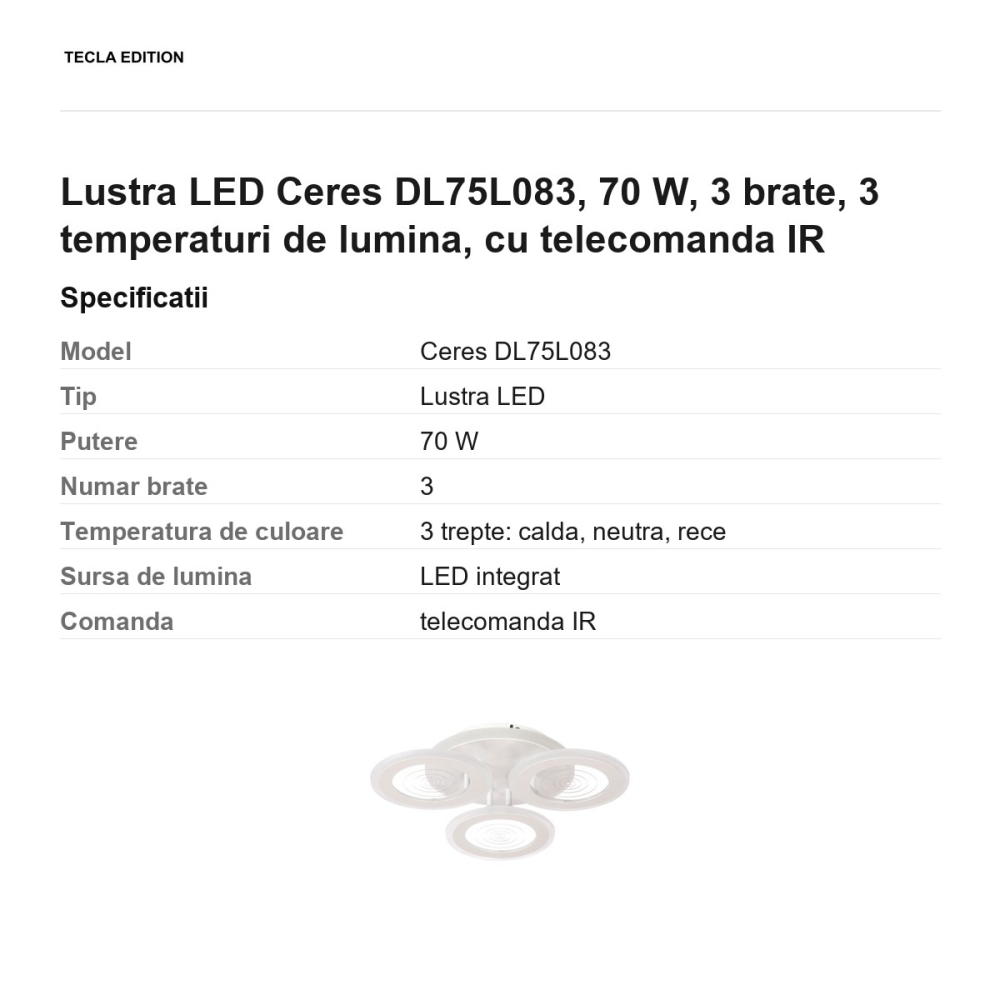 Lustra LED Ceres DL75L083, 70 W, 3 brate, 3 temperaturi de lumina, cu telecomanda IR [3]