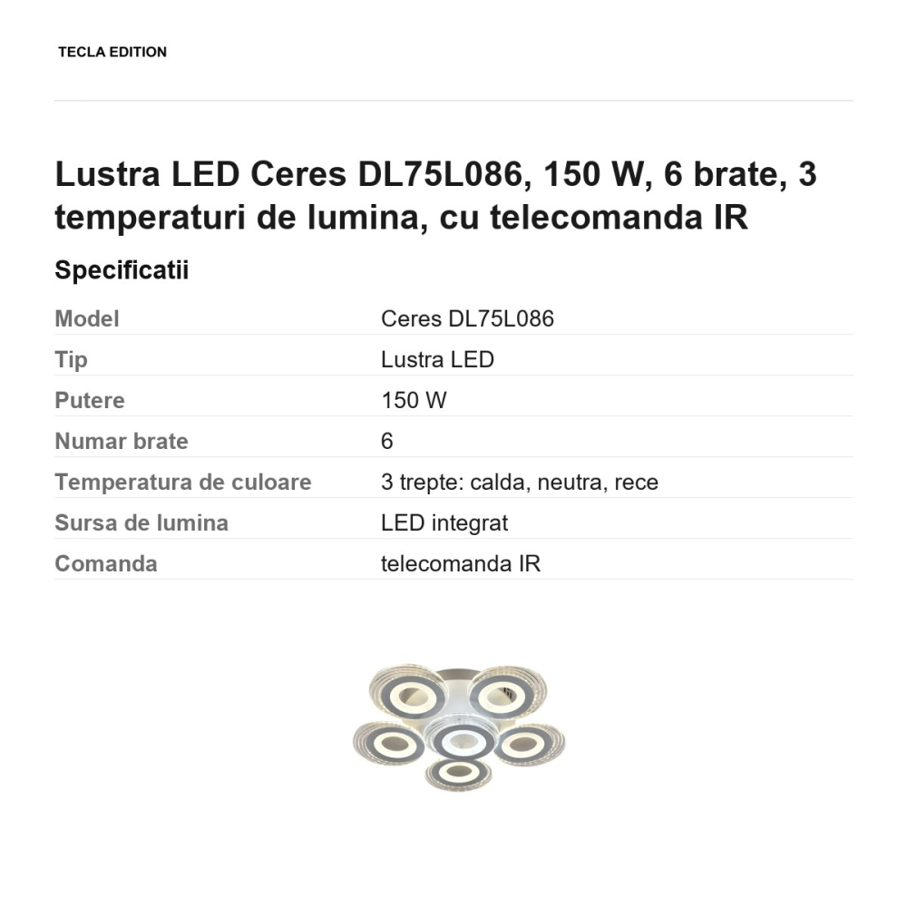 Lustra LED Ceres DL75L086, 150 W, 6 brate, 3 temperaturi de lumina, cu telecomanda IR [3]
