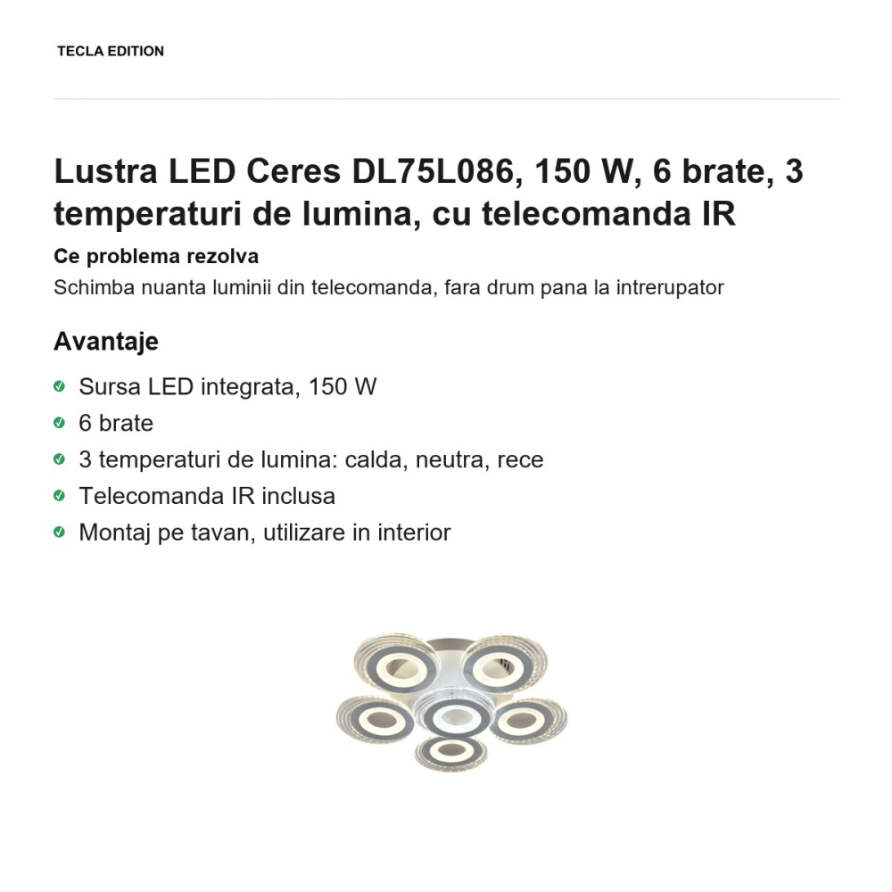 Lustra LED Ceres DL75L086, 150 W, 6 brate, 3 temperaturi de lumina, cu telecomanda IR [2]