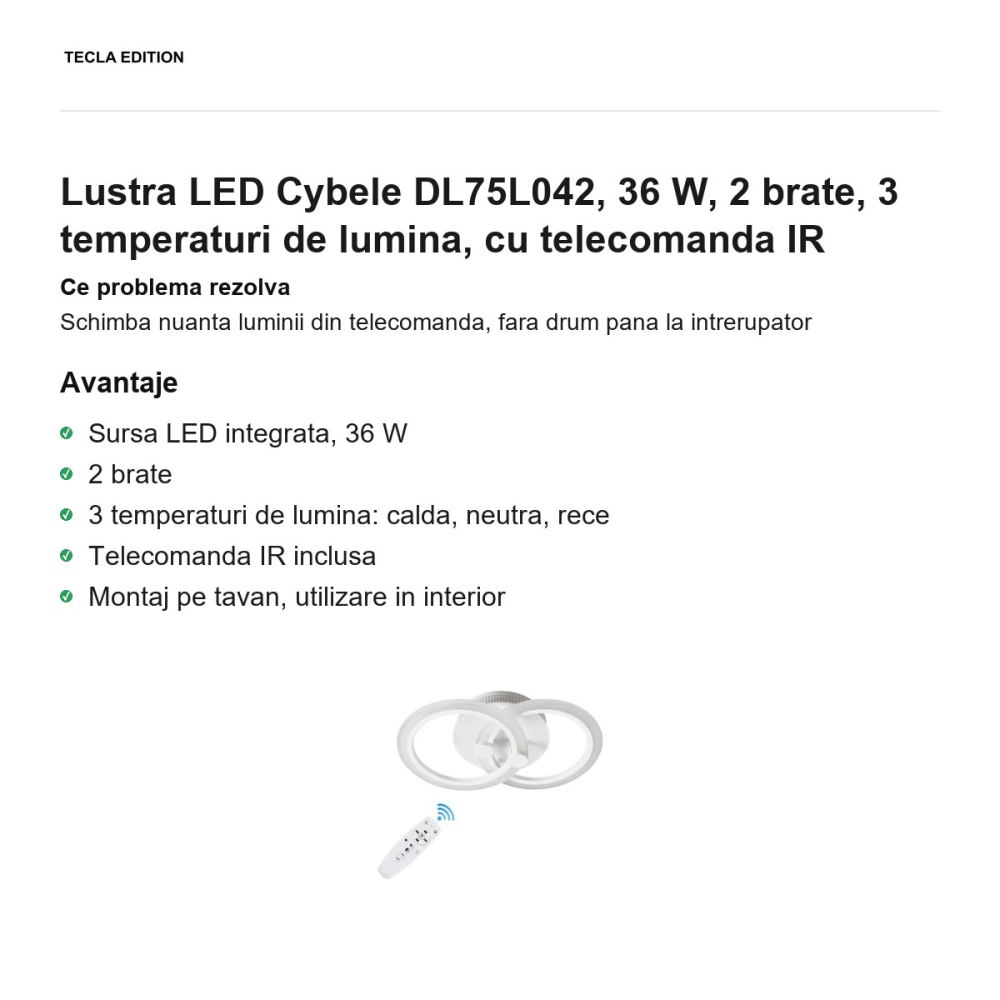 Lustra LED Cybele DL75L042, 36 W, 2 brate, 3 temperaturi de lumina, cu telecomanda IR [2]
