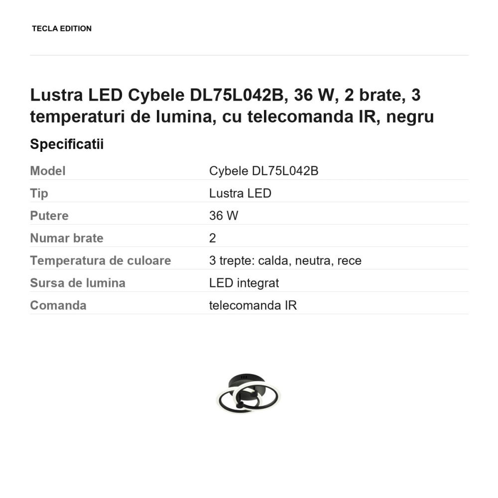 Lustra LED Cybele DL75L042B, 36 W, 2 brate, 3 temperaturi de lumina, cu telecomanda IR, negru [3]
