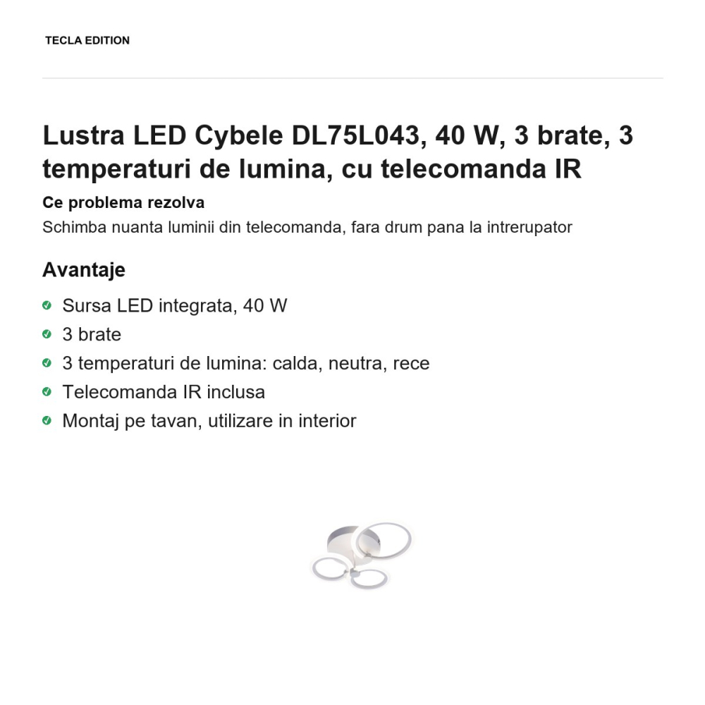 Lustra LED Cybele DL75L043, 40 W, 3 brate, 3 temperaturi de lumina, cu telecomanda IR [2]