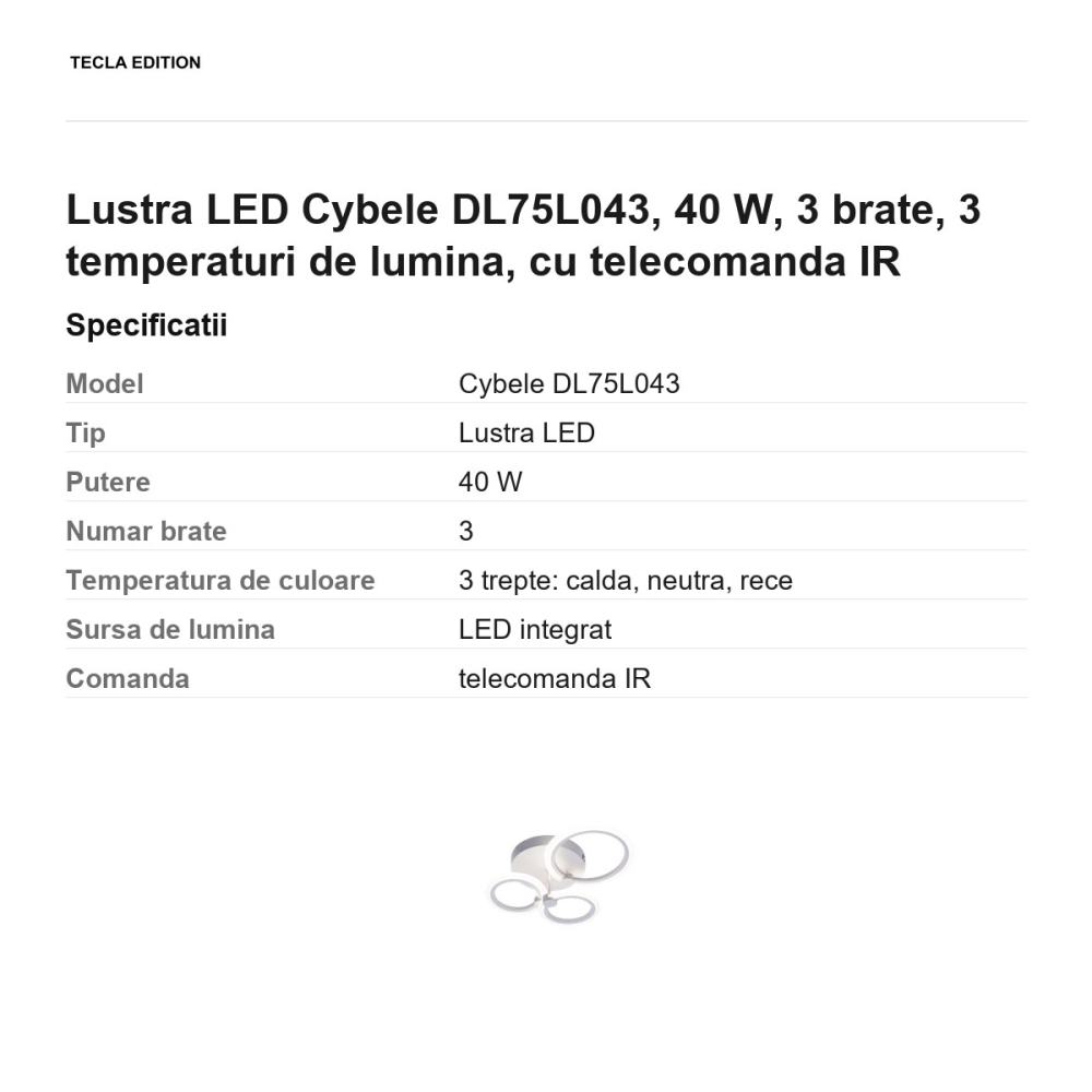 Lustra LED Cybele DL75L043, 40 W, 3 brate, 3 temperaturi de lumina, cu telecomanda IR [3]