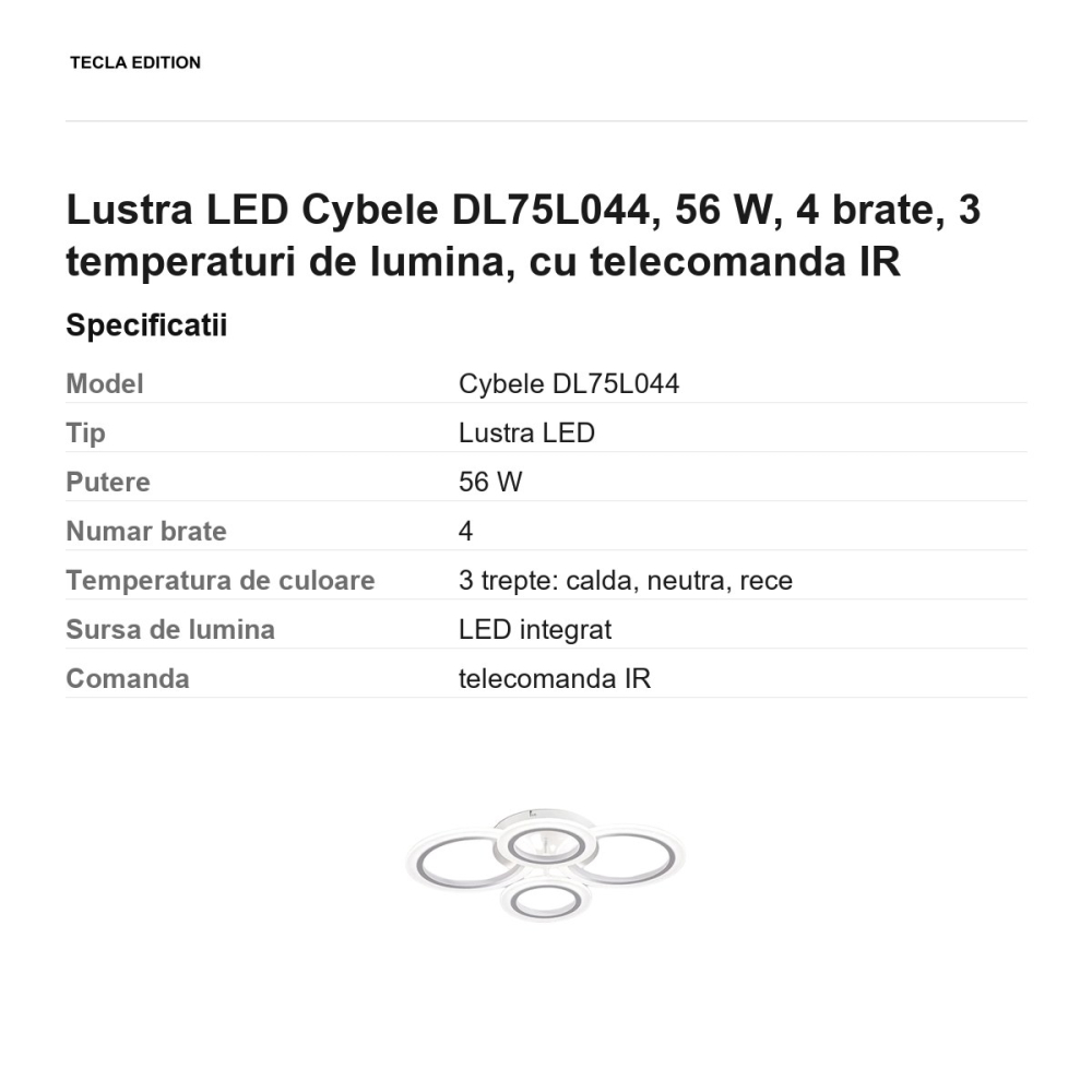 Lustra LED Cybele DL75L044, 56 W, 4 brate, 3 temperaturi de lumina, cu telecomanda IR [3]