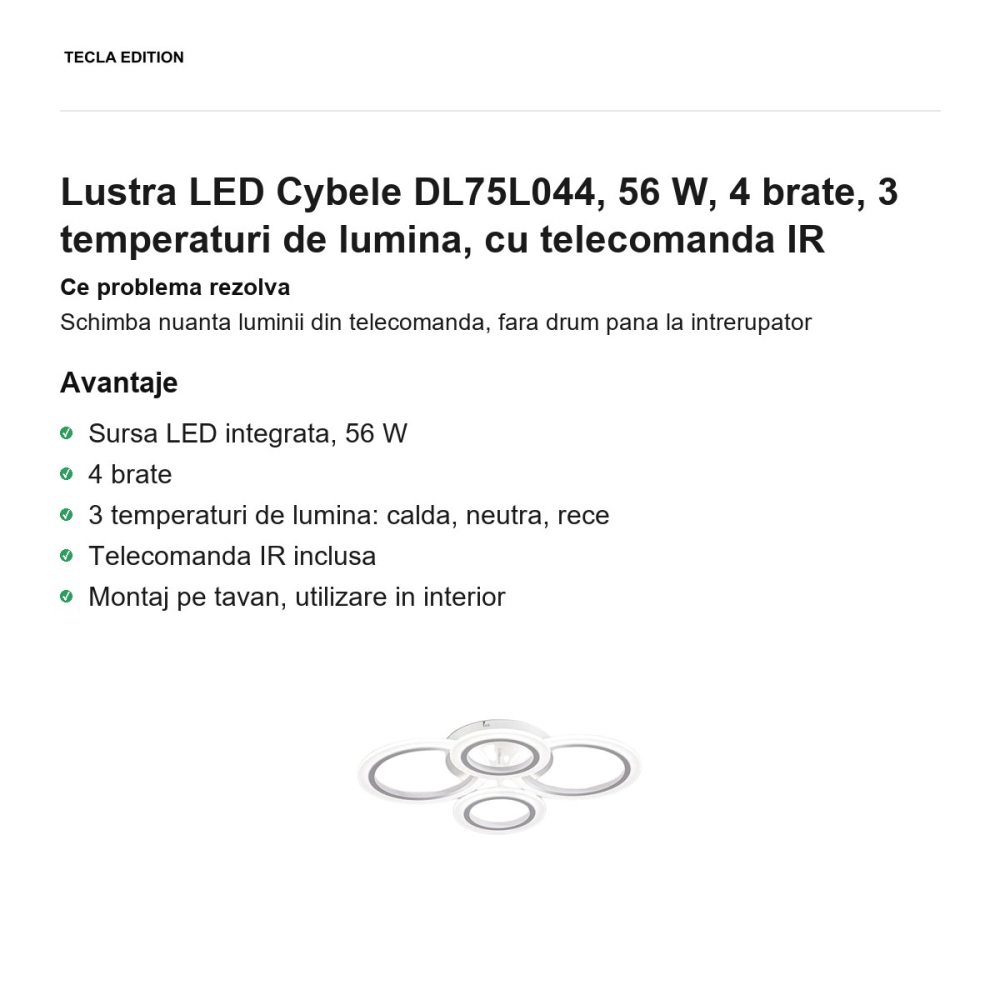 Lustra LED Cybele DL75L044, 56 W, 4 brate, 3 temperaturi de lumina, cu telecomanda IR [2]
