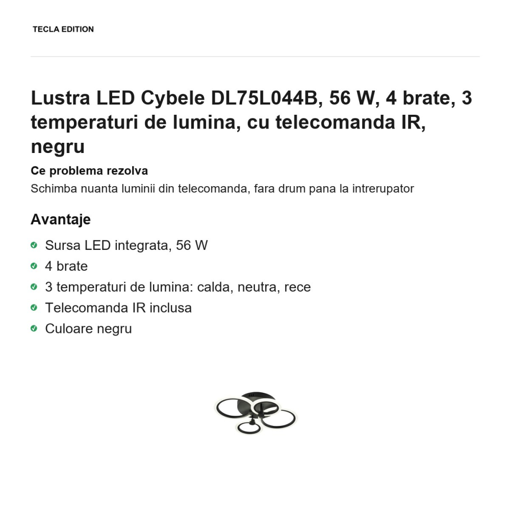 Lustra LED Cybele DL75L044B, 56 W, 4 brate, 3 temperaturi de lumina, cu telecomanda IR, negru [2]