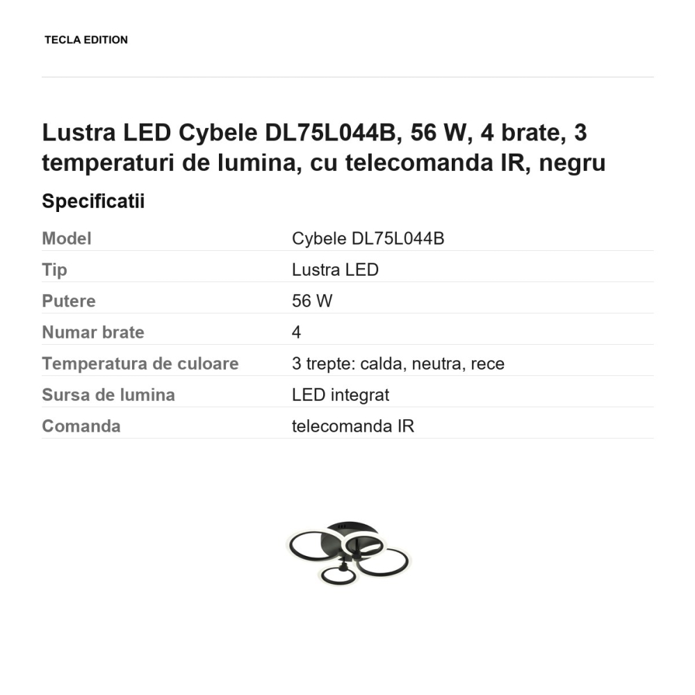 Lustra LED Cybele DL75L044B, 56 W, 4 brate, 3 temperaturi de lumina, cu telecomanda IR, negru [3]