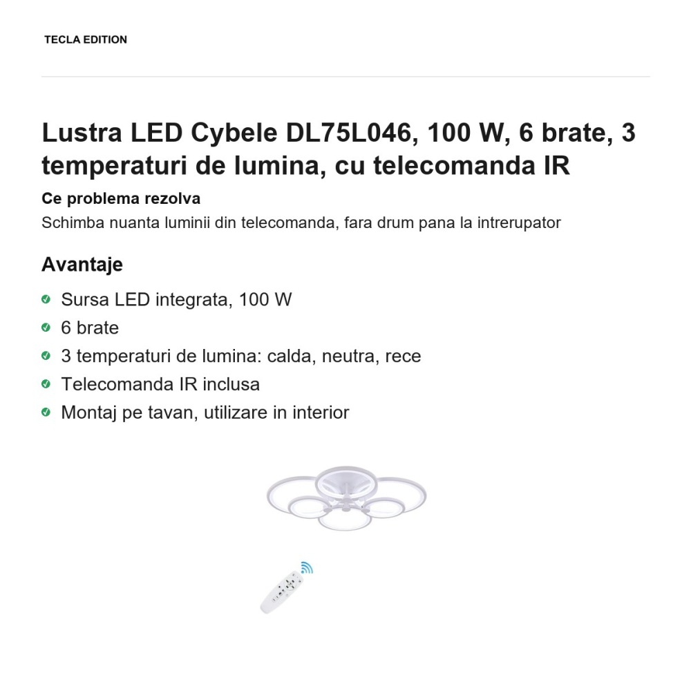 Lustra LED Cybele DL75L046, 100 W, 6 brate, 3 temperaturi de lumina, cu telecomanda IR [2]