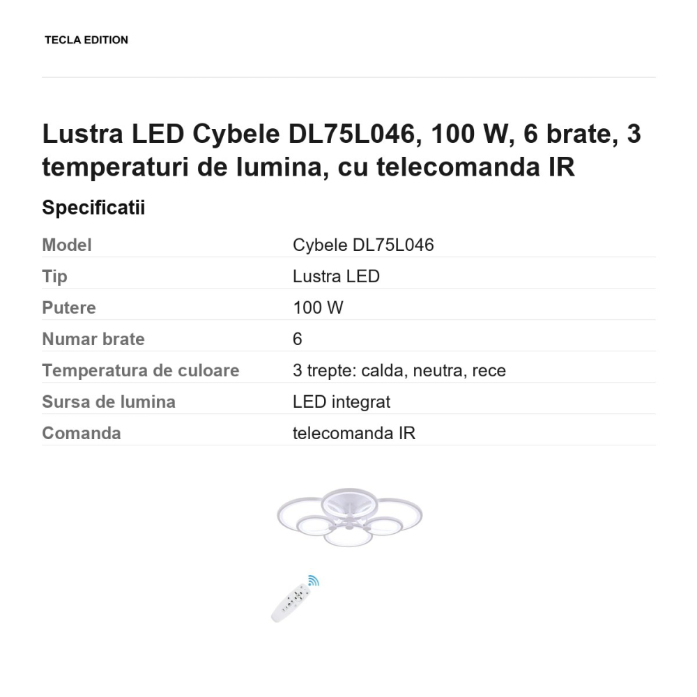 Lustra LED Cybele DL75L046, 100 W, 6 brate, 3 temperaturi de lumina, cu telecomanda IR [3]