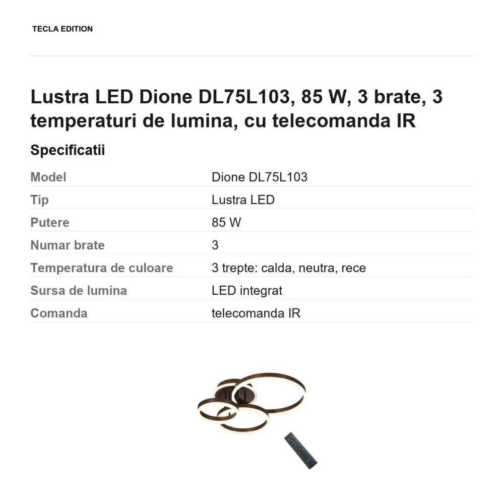 Lustra LED Dione DL75L103, 85 W, 3 brate, 3 temperaturi de lumina, cu telecomanda IR [3]