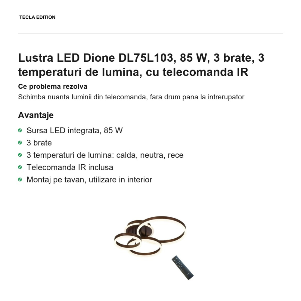 Lustra LED Dione DL75L103, 85 W, 3 brate, 3 temperaturi de lumina, cu telecomanda IR [2]