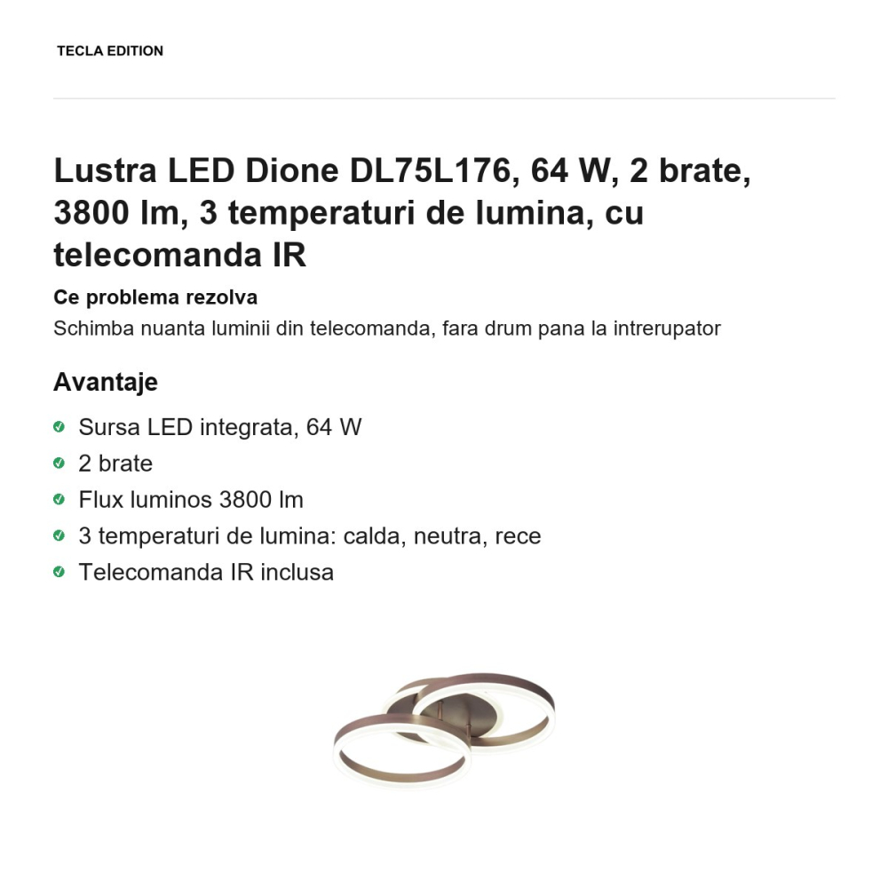 Lustra LED Dione DL75L176, 64 W, 2 brate, 3800 lm, 3 temperaturi de lumina, cu telecomanda IR [2]